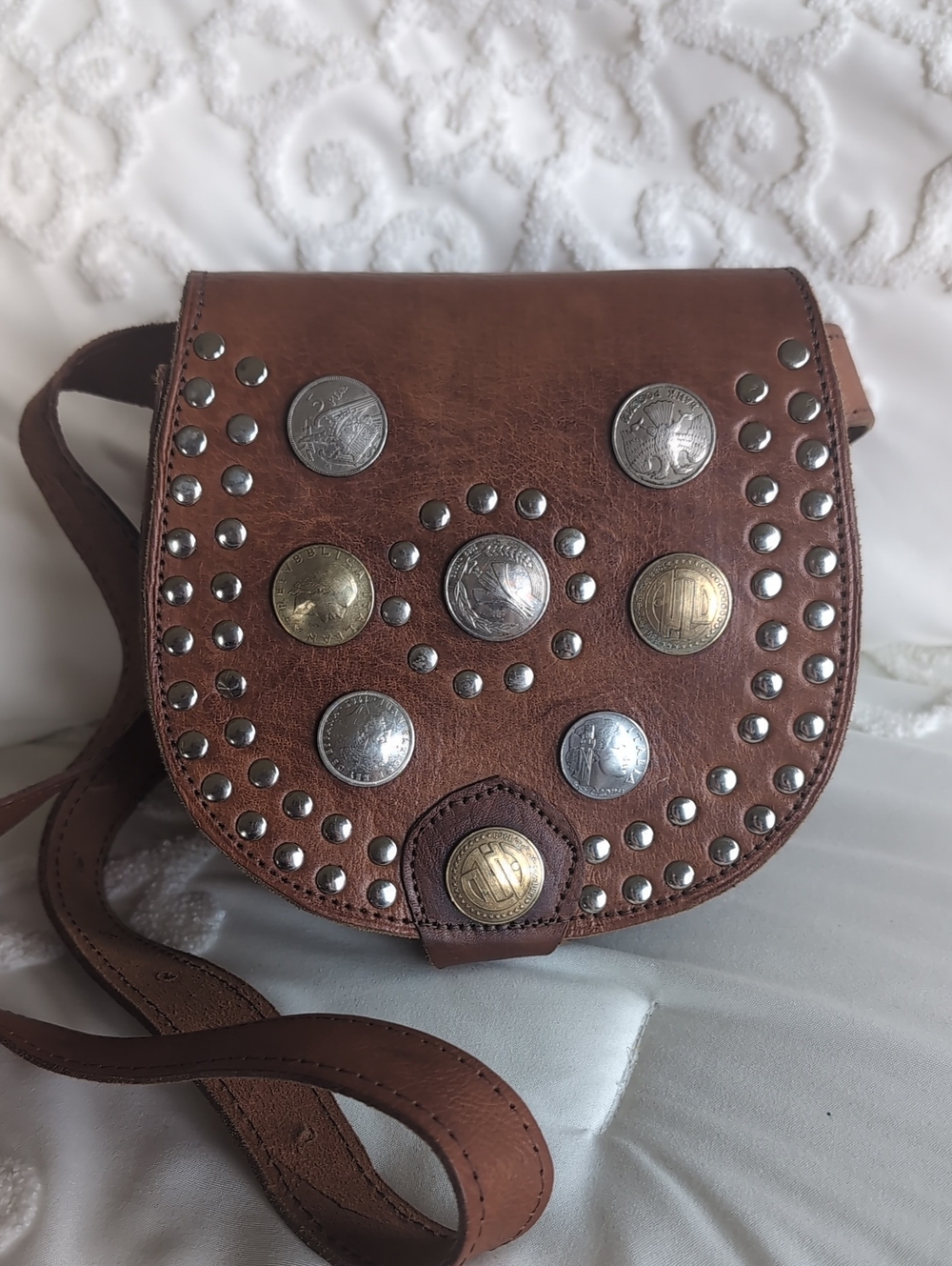 Vintage Moroccan Leather Belt/Cross Shoulder Bag Vintage European Coins Unisex